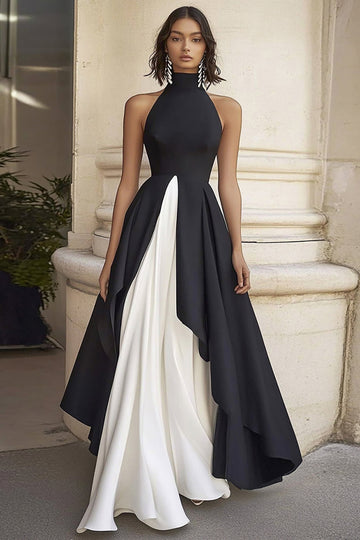 Black White A Line Satin High Neck Long Formal Dress